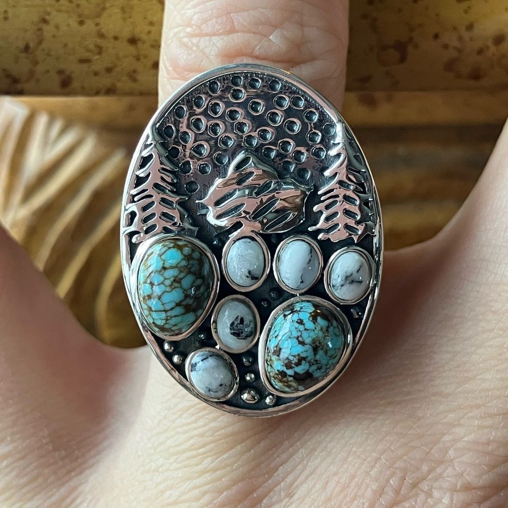 White Buffalo Turquoise Blue Turquoise Sterling Silver Forest Ring Size 7